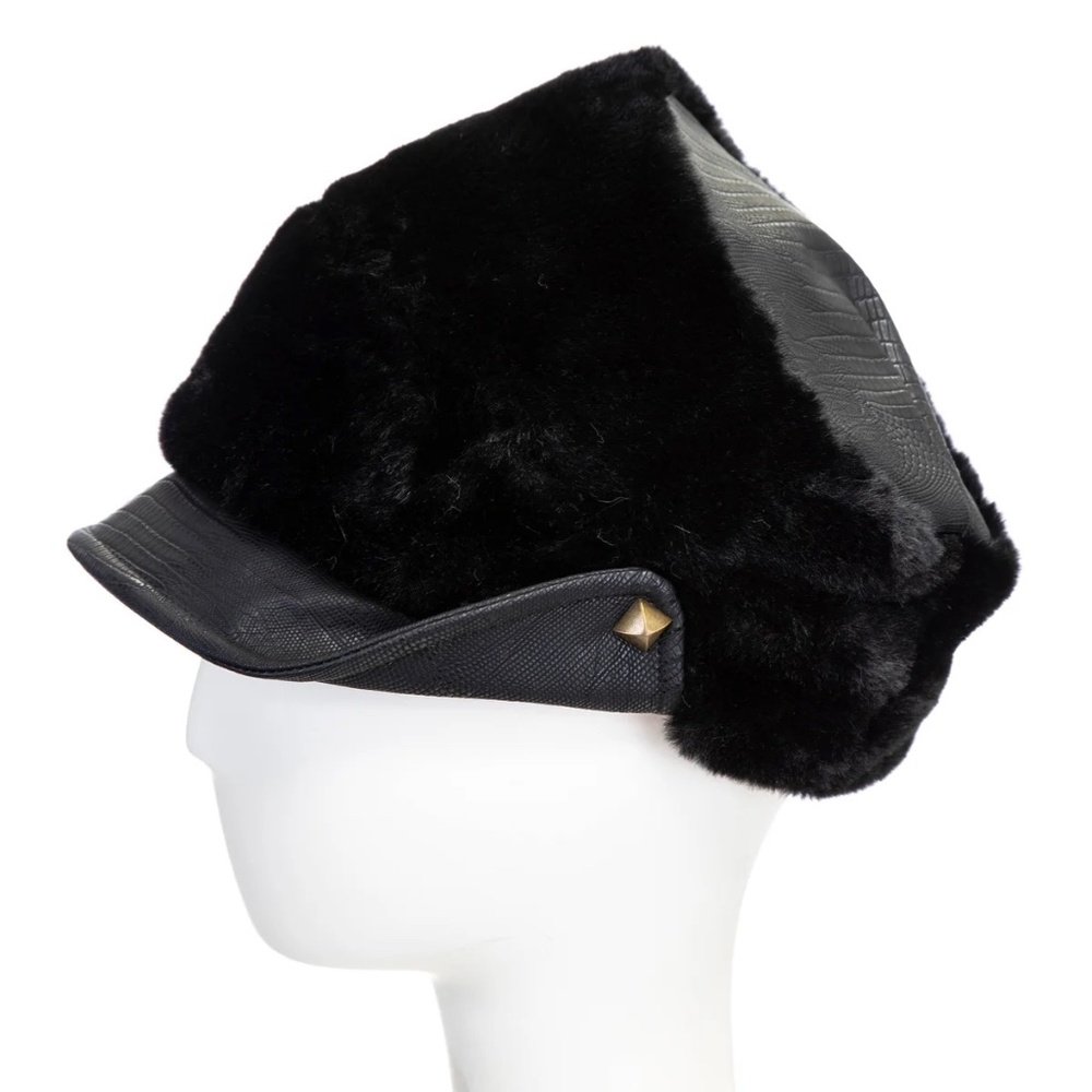 Faux fur vegan leather lizard print cap